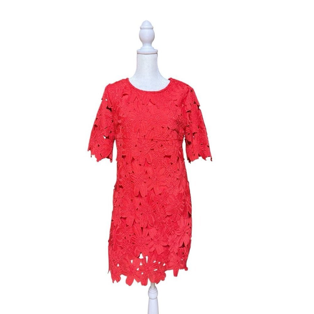 June & Ivy Coral Floral Lace Shift Dress Lined Short Sleeve Women L